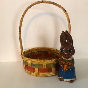 Bundle-Vintage Ceramic Easter Bunny/Rabbit With Tall Handle Wicker Basket